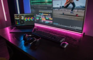 Working desk, with DaVinci Resolve and LED lights around monitors - Corporate event videography - Video Testimonials