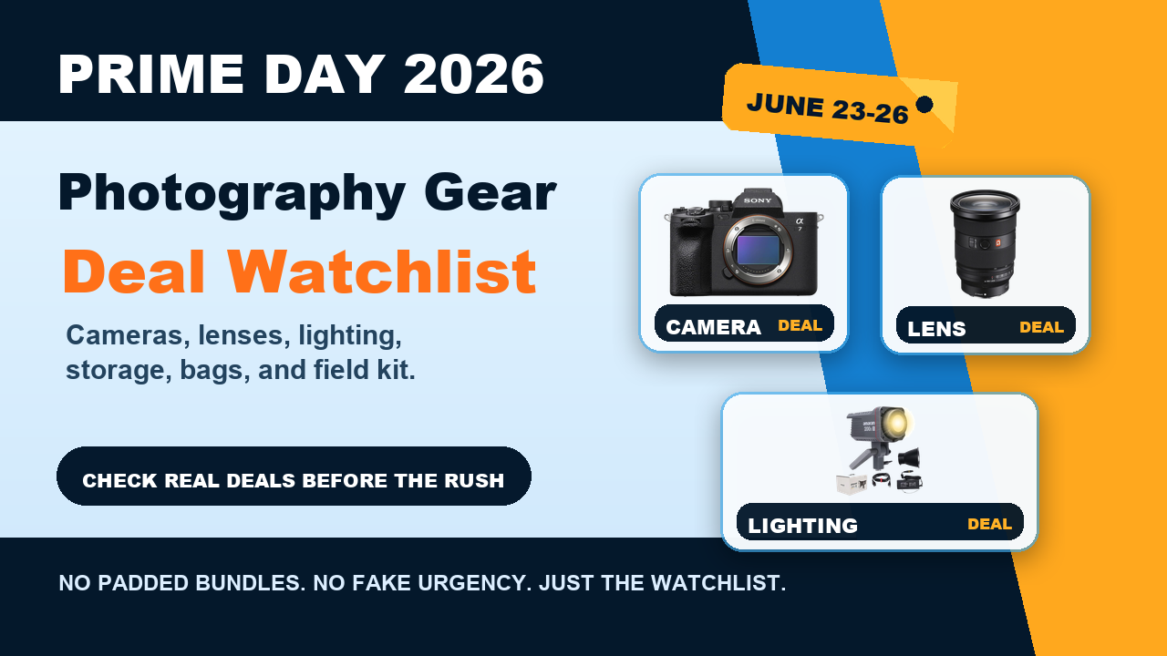 Prime Day 2026 photography gear deal watchlist for cameras lenses lighting storage bags and field kit