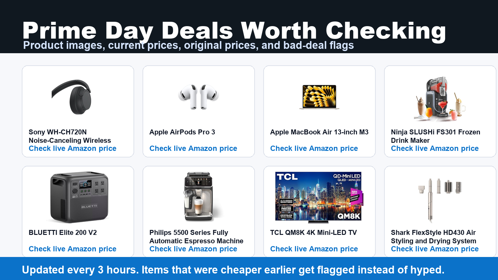 Prime Day 2026 product deals with real product images and bad-deal flags