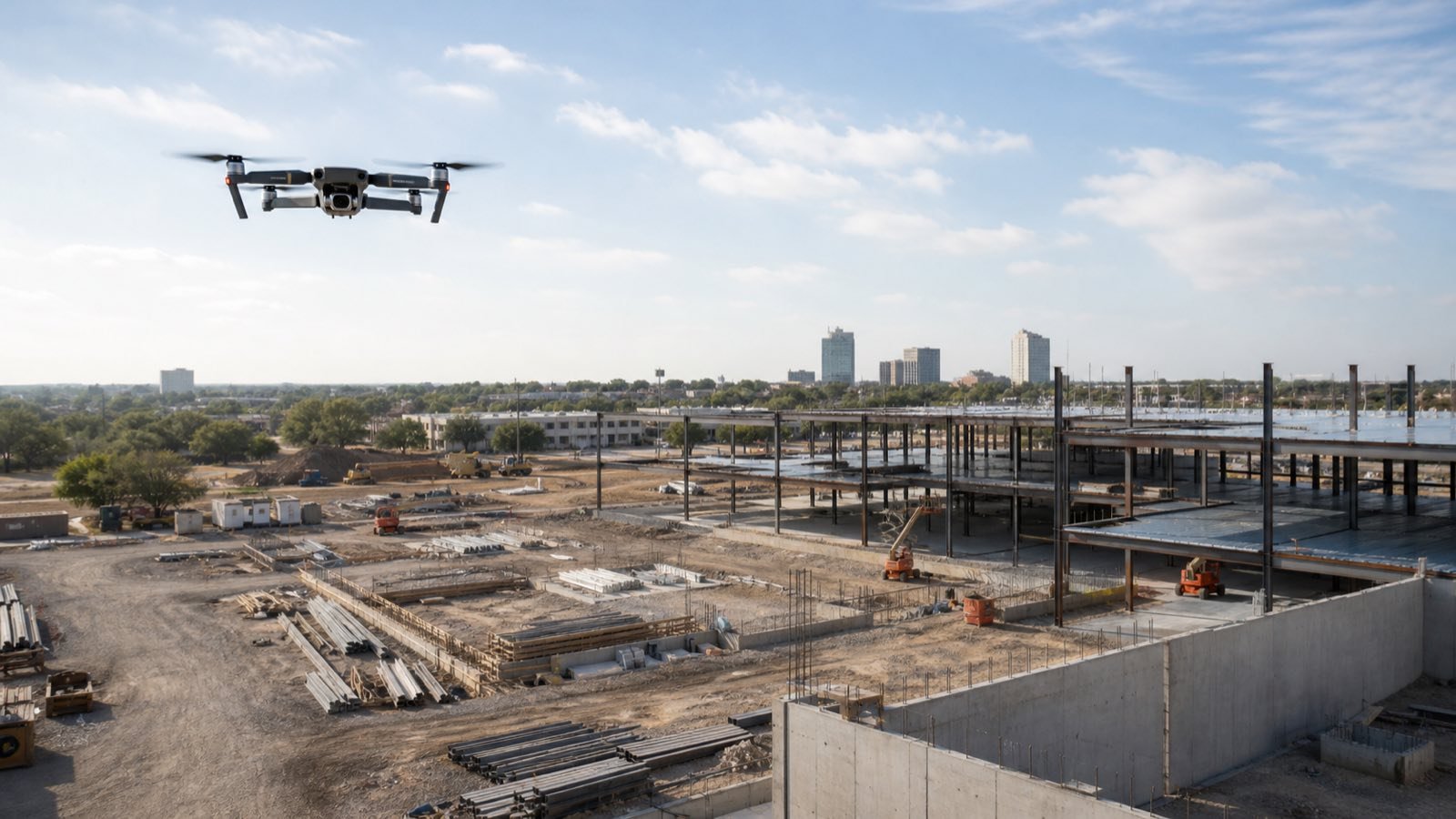 Drone above a commercial construction site, illustrating construction-progress photography.