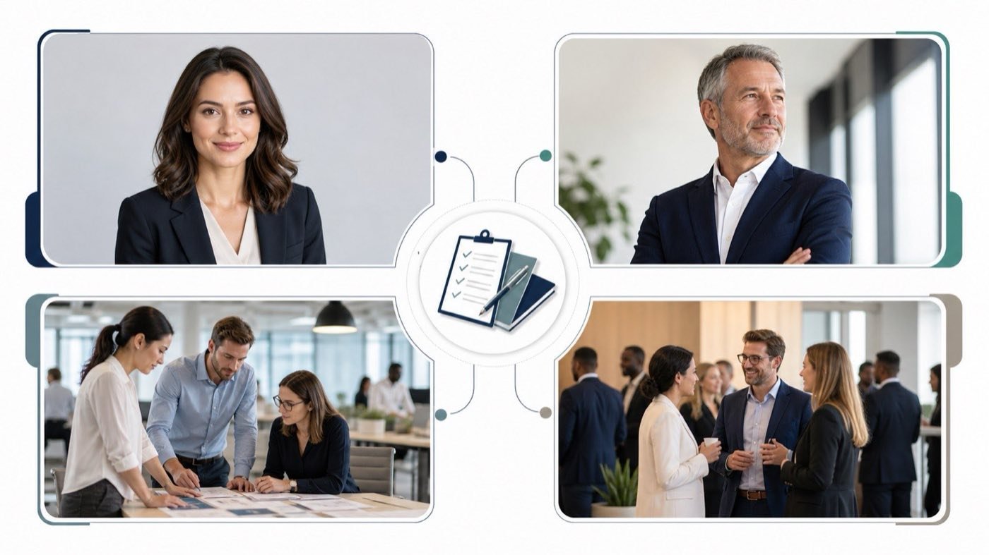 Four-panel illustrative map showing professional headshots, executive portraits, workplace coverage, and business event photography around a planning checklist.