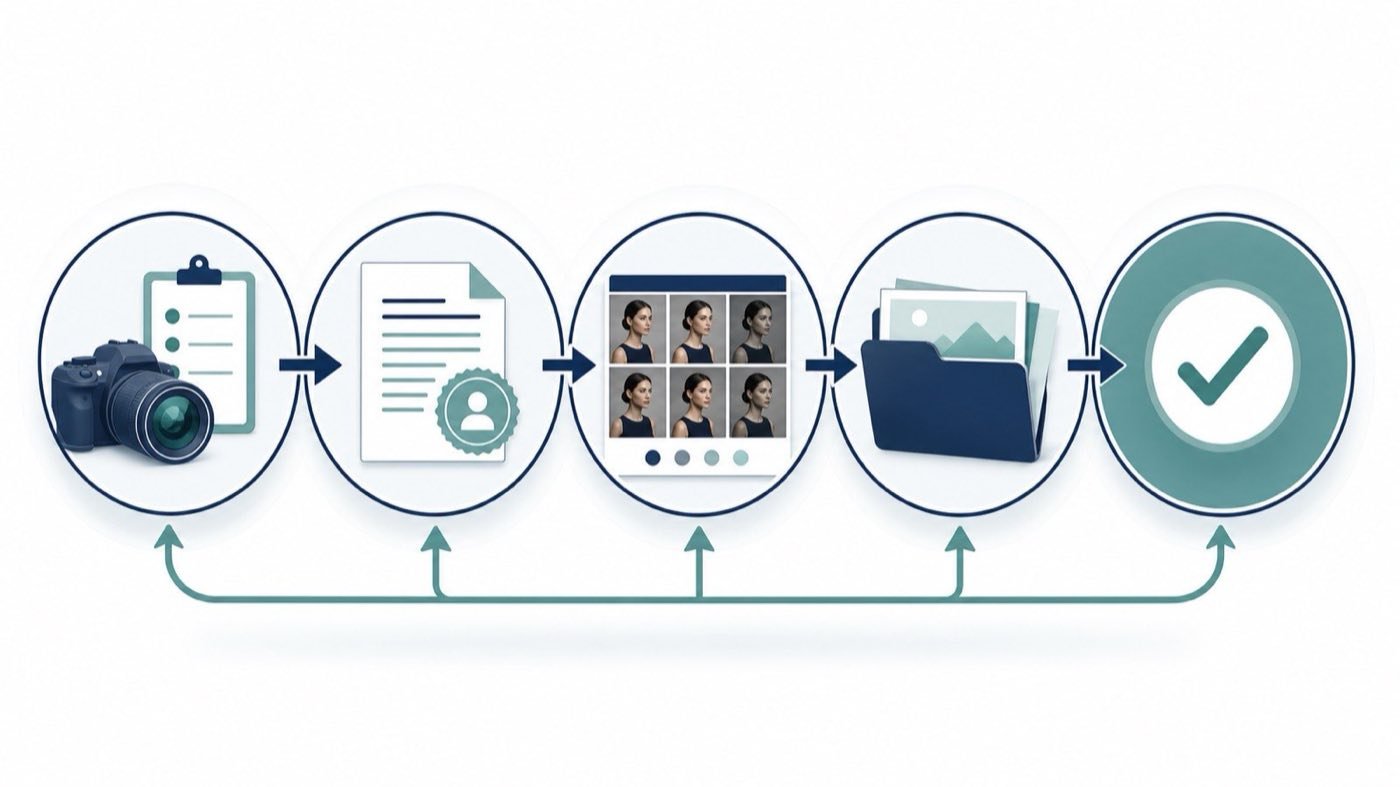 Illustrative flow from photo brief through usage agreement, retouching review, file delivery, and final approval.