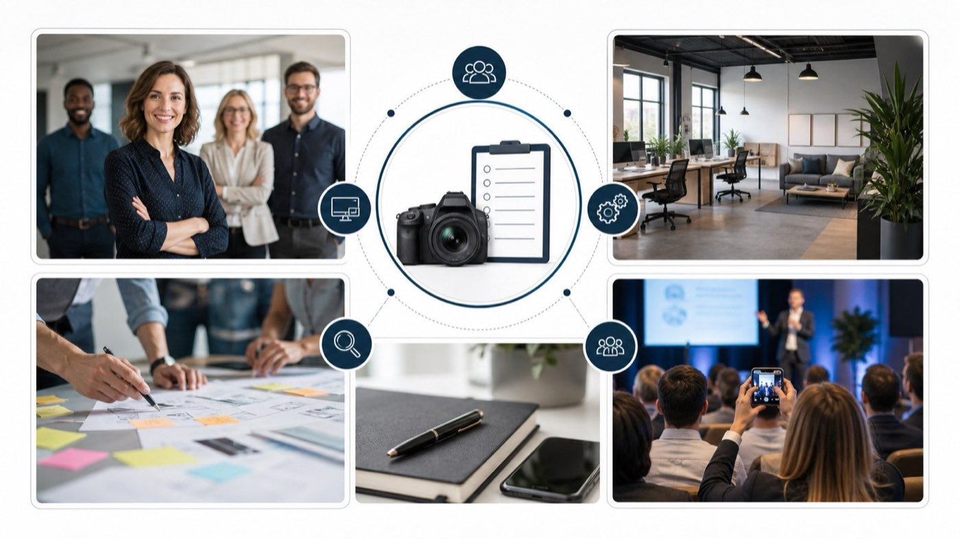 Illustrative shot-list map with panels for team portraits, workspace, process planning, details, and event moments.