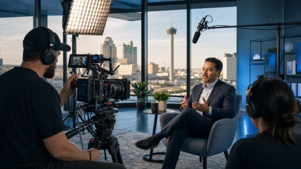 Corporate video production crew filming a business interview in downtown San Antonio