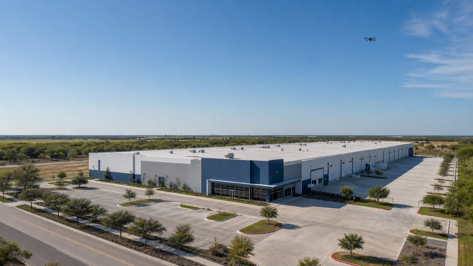Illustrative aerial view of a generic industrial facility for a commercial video planning guide.