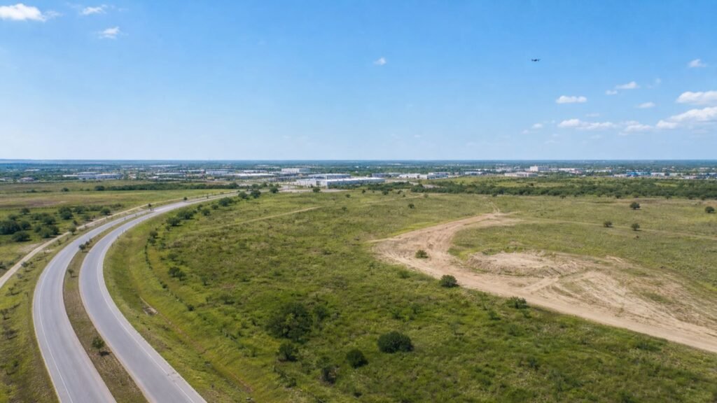 Aerial view of a development site with roads and open parcels, illustrating land-development video planning.