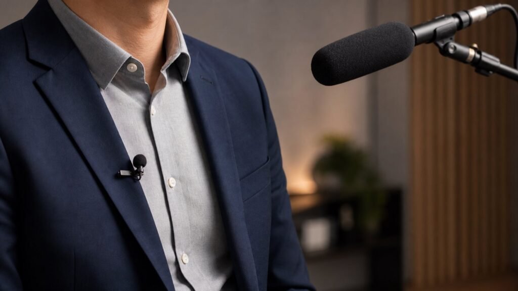 Close-up of a lavalier microphone clipped neatly to a shirt lapel for a video interview