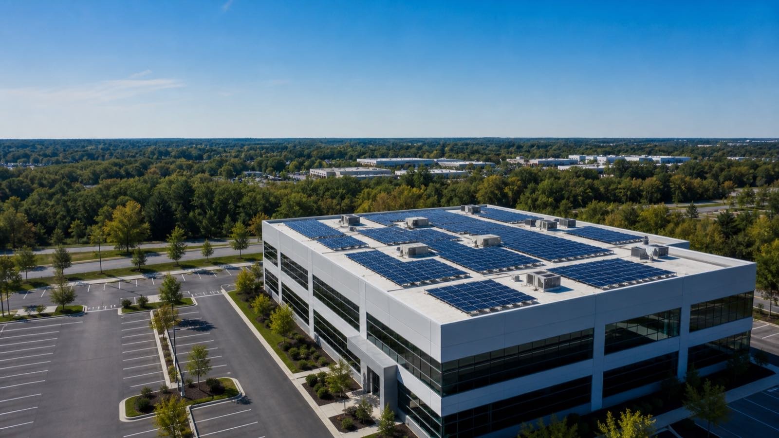 Illustrative aerial view of a commercial building with rooftop solar panels for a marketing guide.