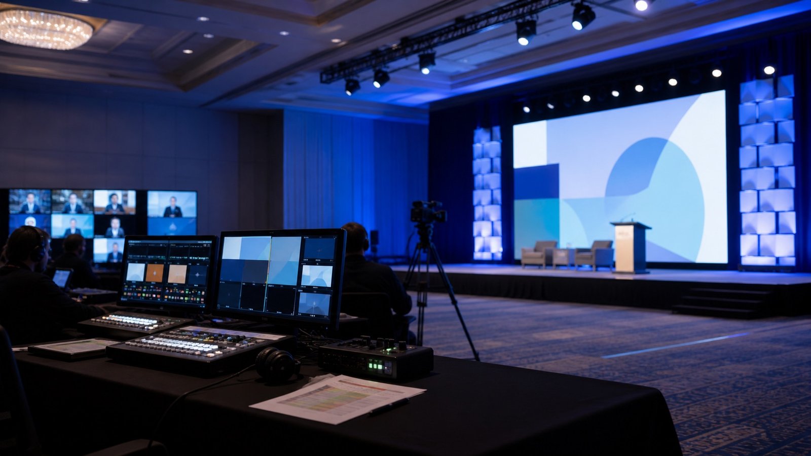 Illustrative corporate event livestream rehearsal with production control desk, camera, stage, and remote viewer monitors