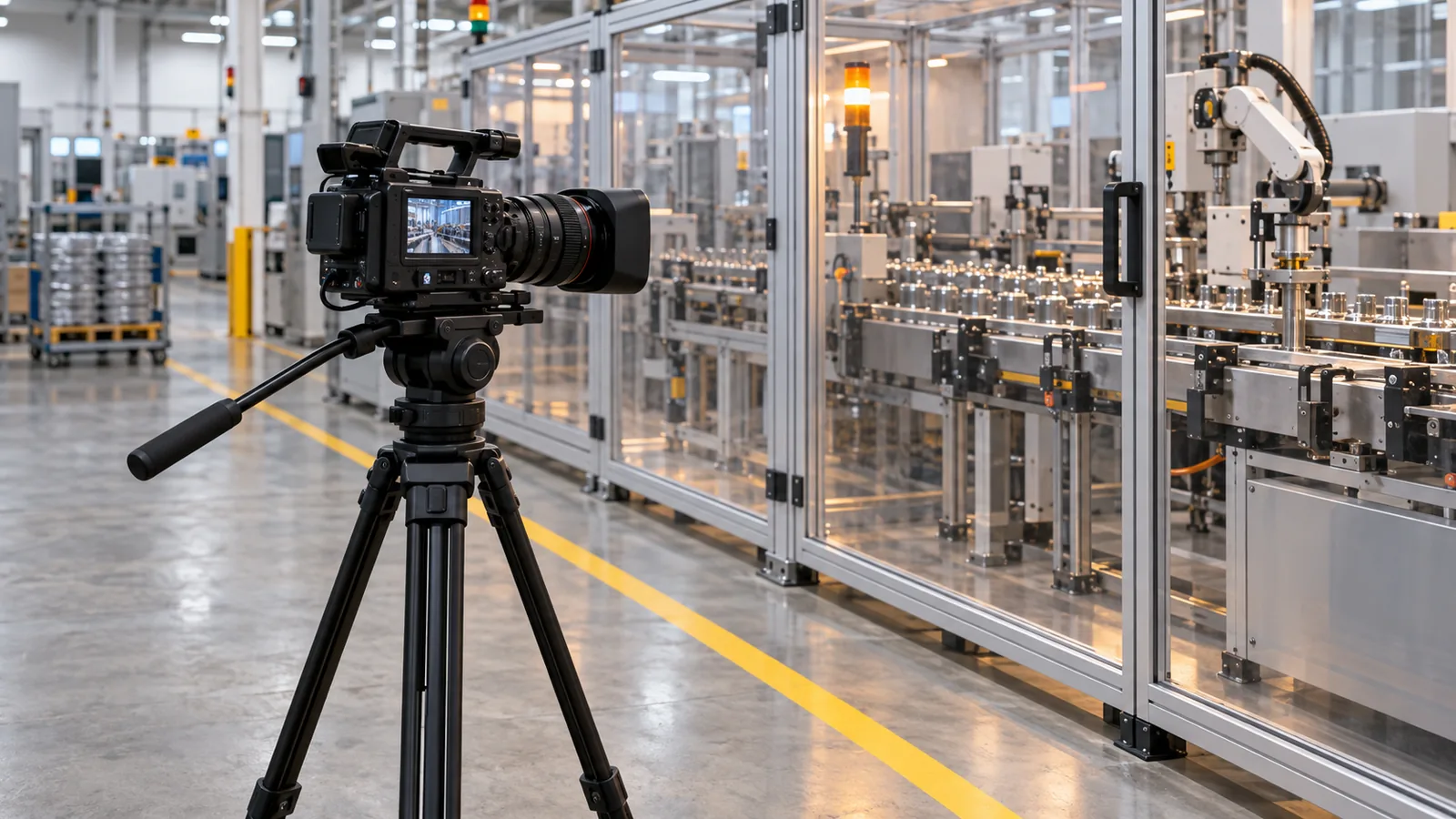 Illustrative video camera filming enclosed manufacturing equipment from a marked walkway.