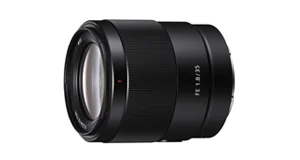 Sony FE 35mm F1.8 lens viewed from the side