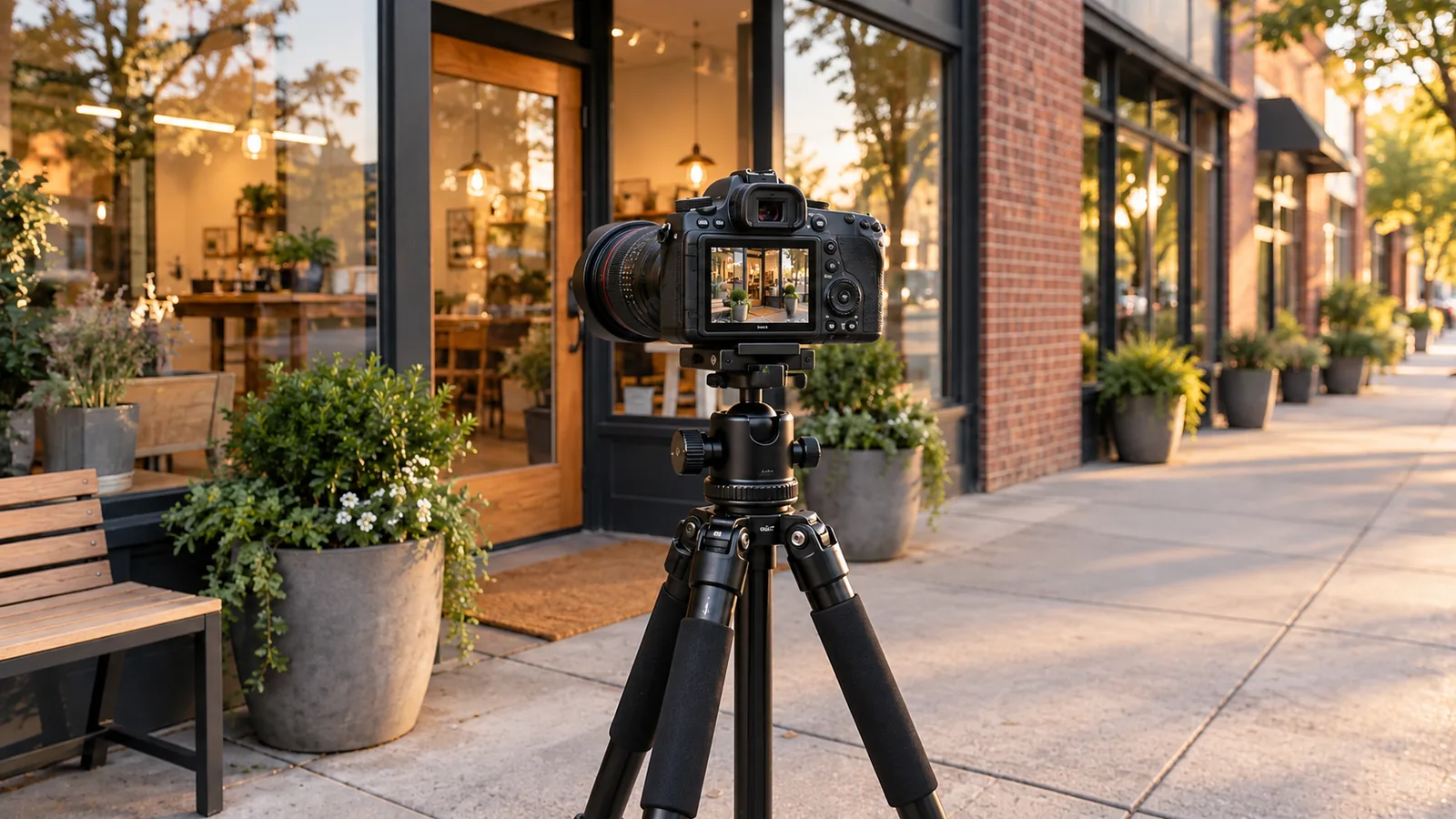 Illustrative camera on a tripod photographing a welcoming local business storefront.