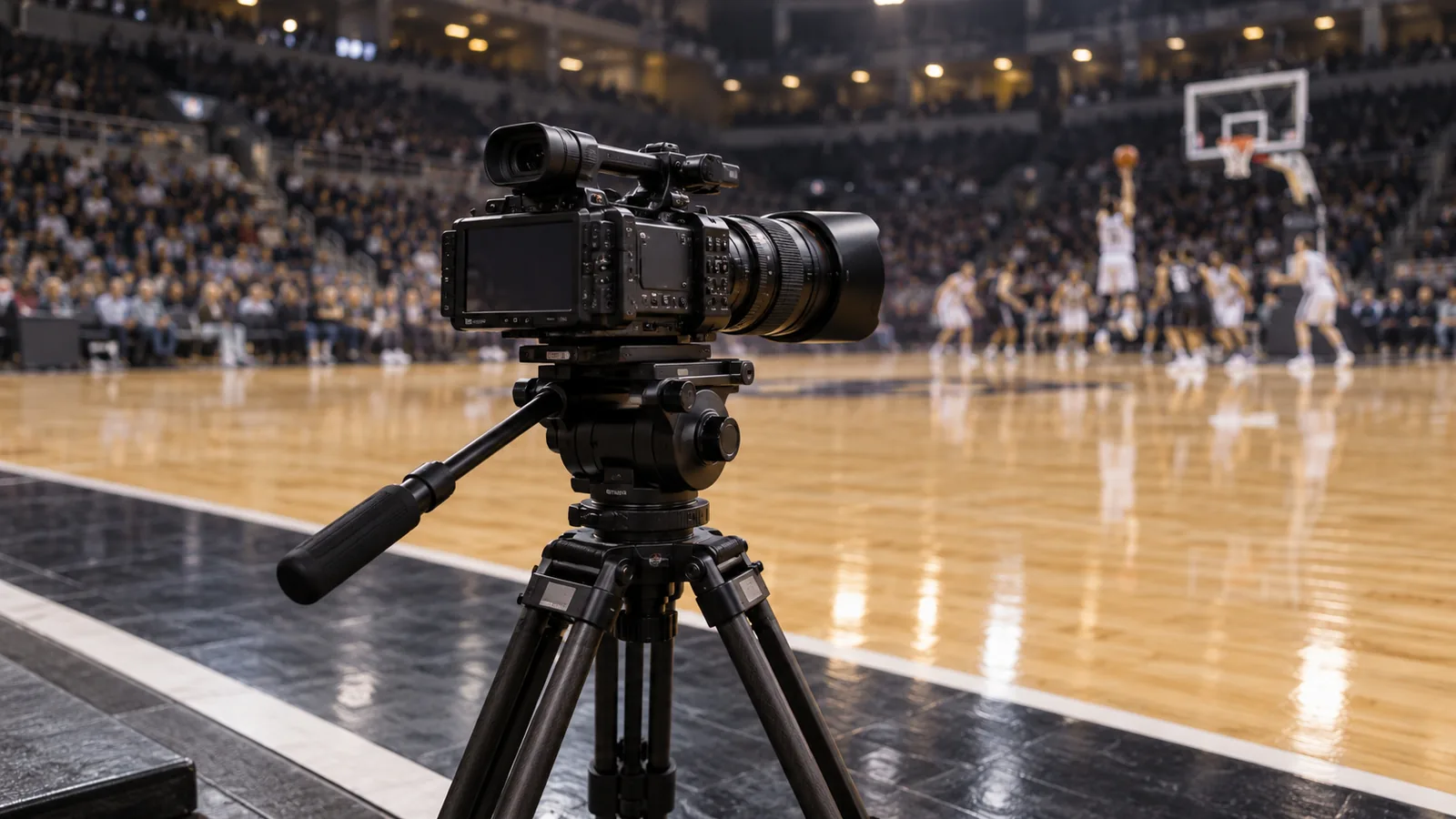 Illustrative video camera positioned at the sideline of an indoor basketball court.